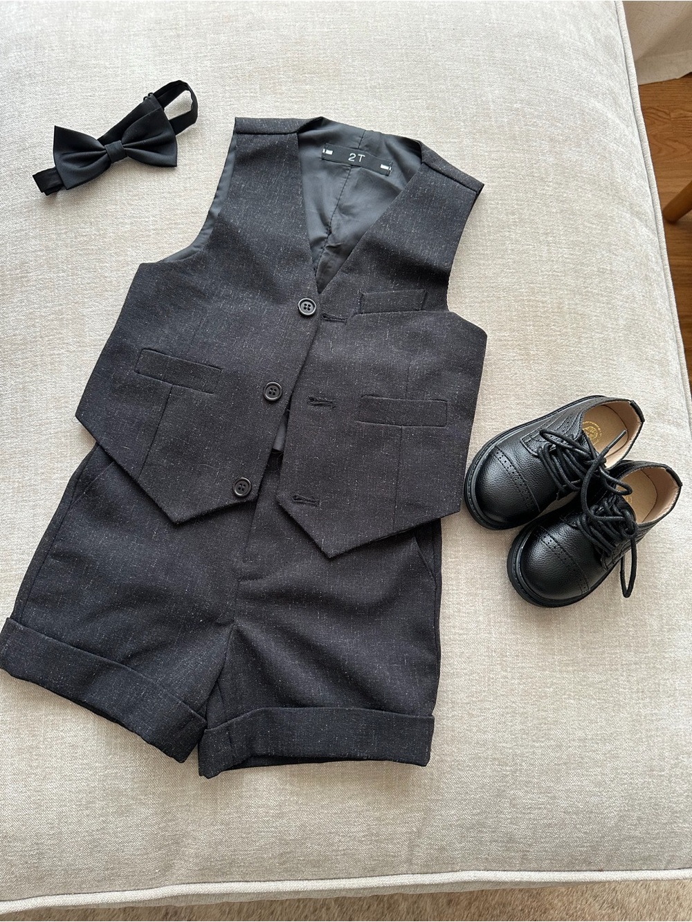 Boys Black Vest & Shorts Set with Bow Tie and Shoes
